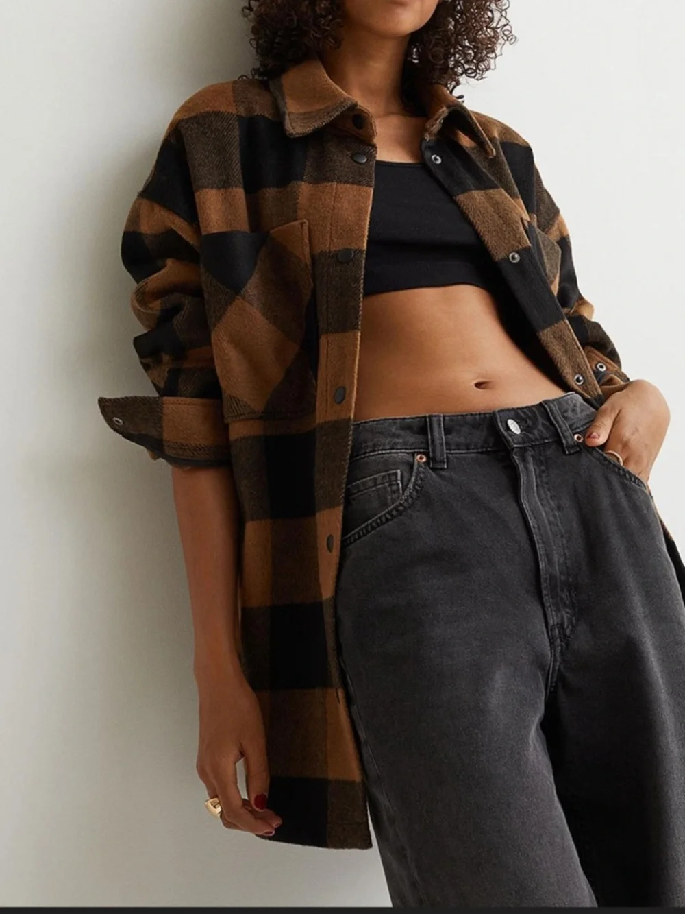 H&M / Oversized Buffalo Plaid Shacket Jacket / Brown Black - Picture 4 of 16